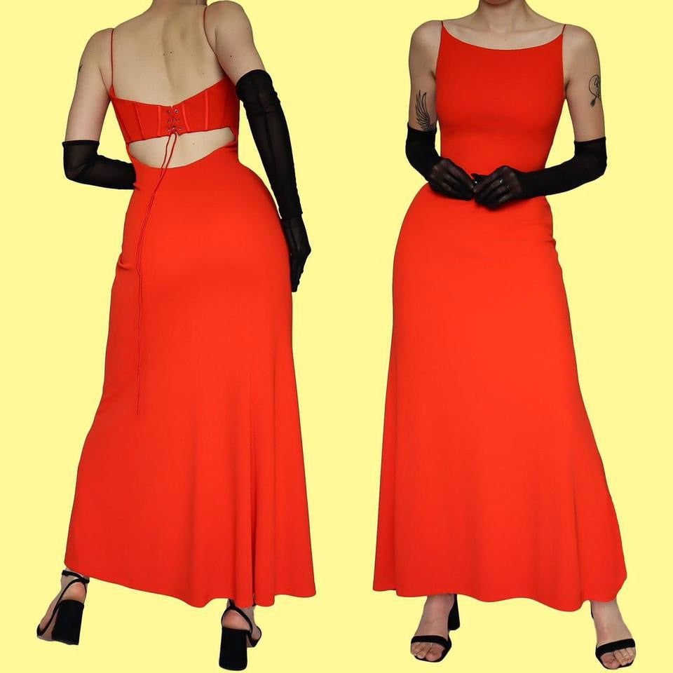 Orange stretch back detail evening dress UK 12
