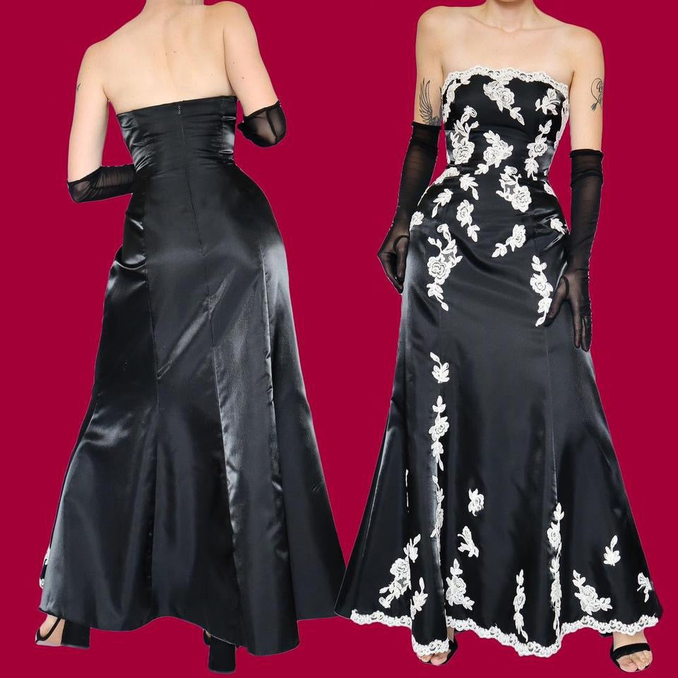 Black strapless lace fishtail evening dress UK 12