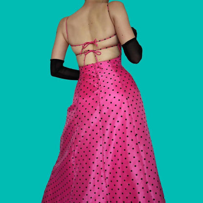 Bright pink polka dot a line evening dress UK 10