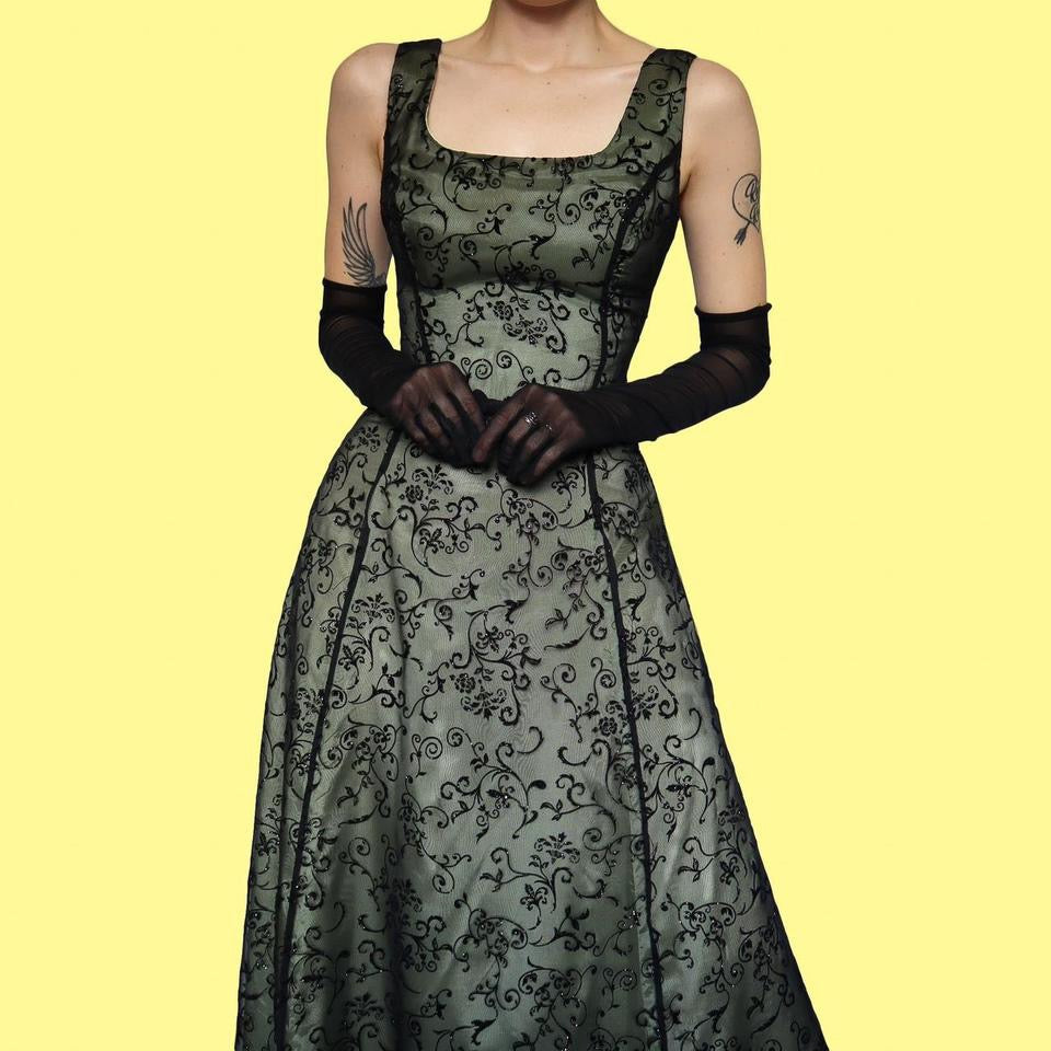 Green glittery floral a line evening dress UK 14