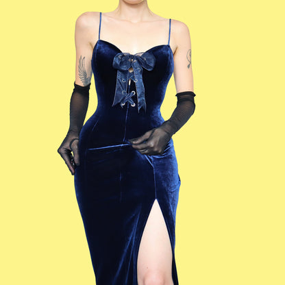 Blue velvet stretch evening dress UK 12-14