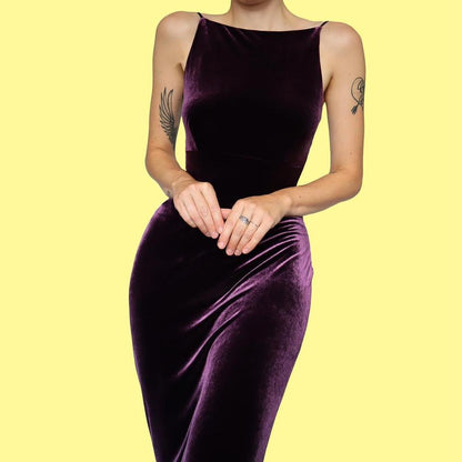 Dark purple velvet stretch evening dress UK 12