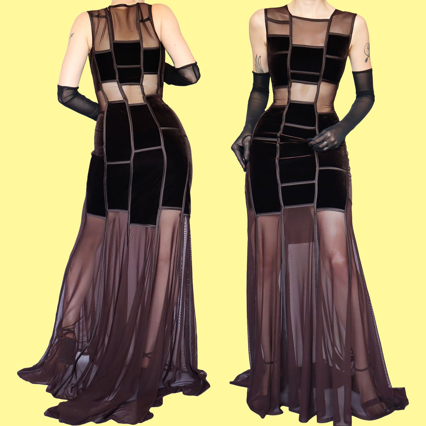 Tadashi brown velvet sheer cut out evening dress UK 10