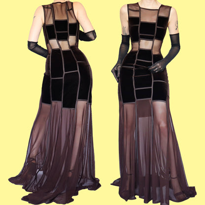 Tadashi brown velvet sheer cut out evening dress UK 10