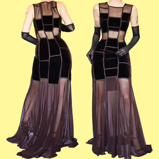 Tadashi brown velvet sheer cut out evening dress UK 10
