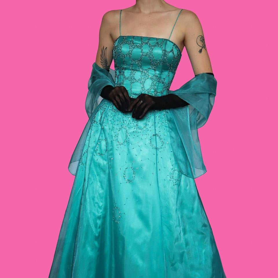 Sapphire beaded a-line dress with shawl UK 12