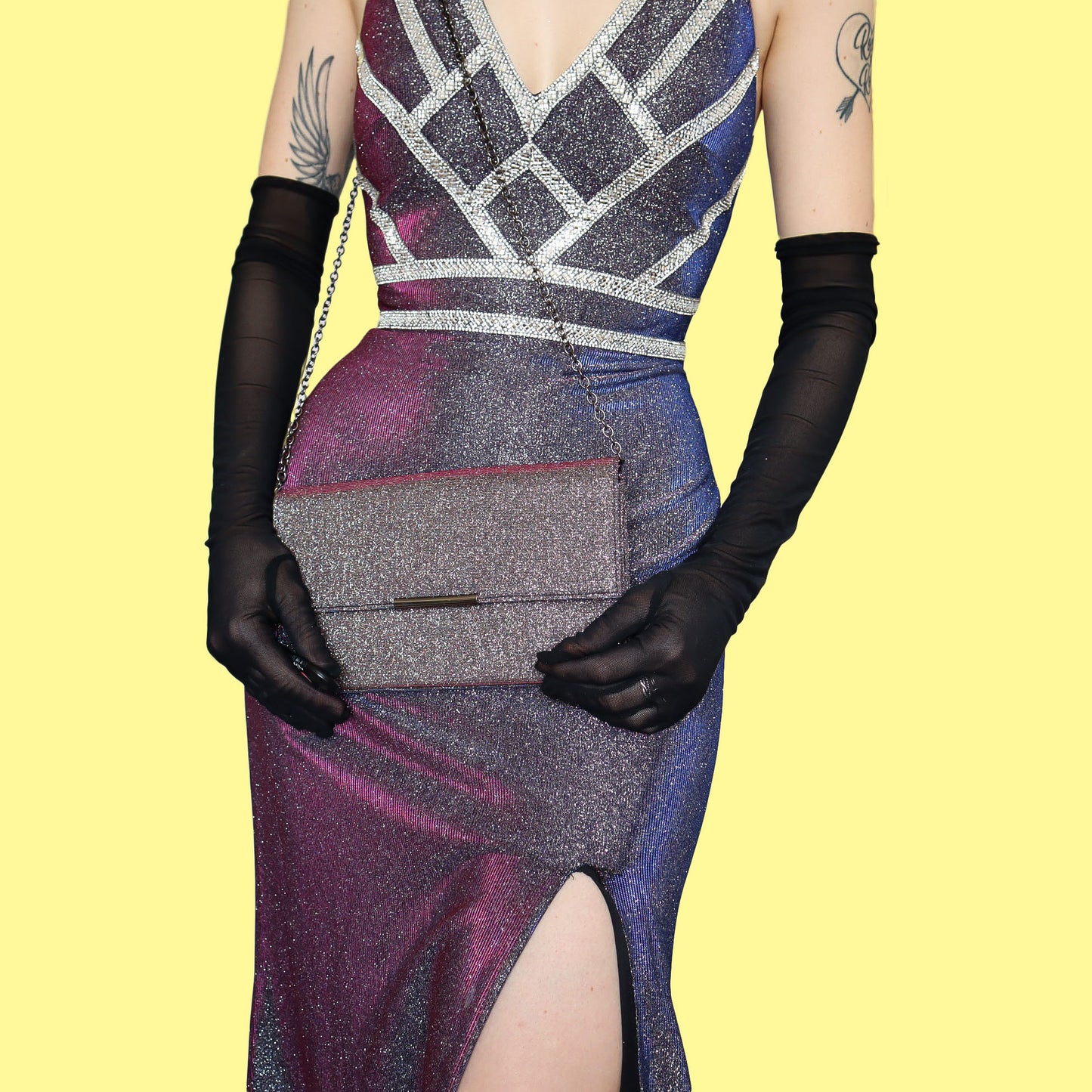 Glittery iridescent evening dress & matching bag UK 10