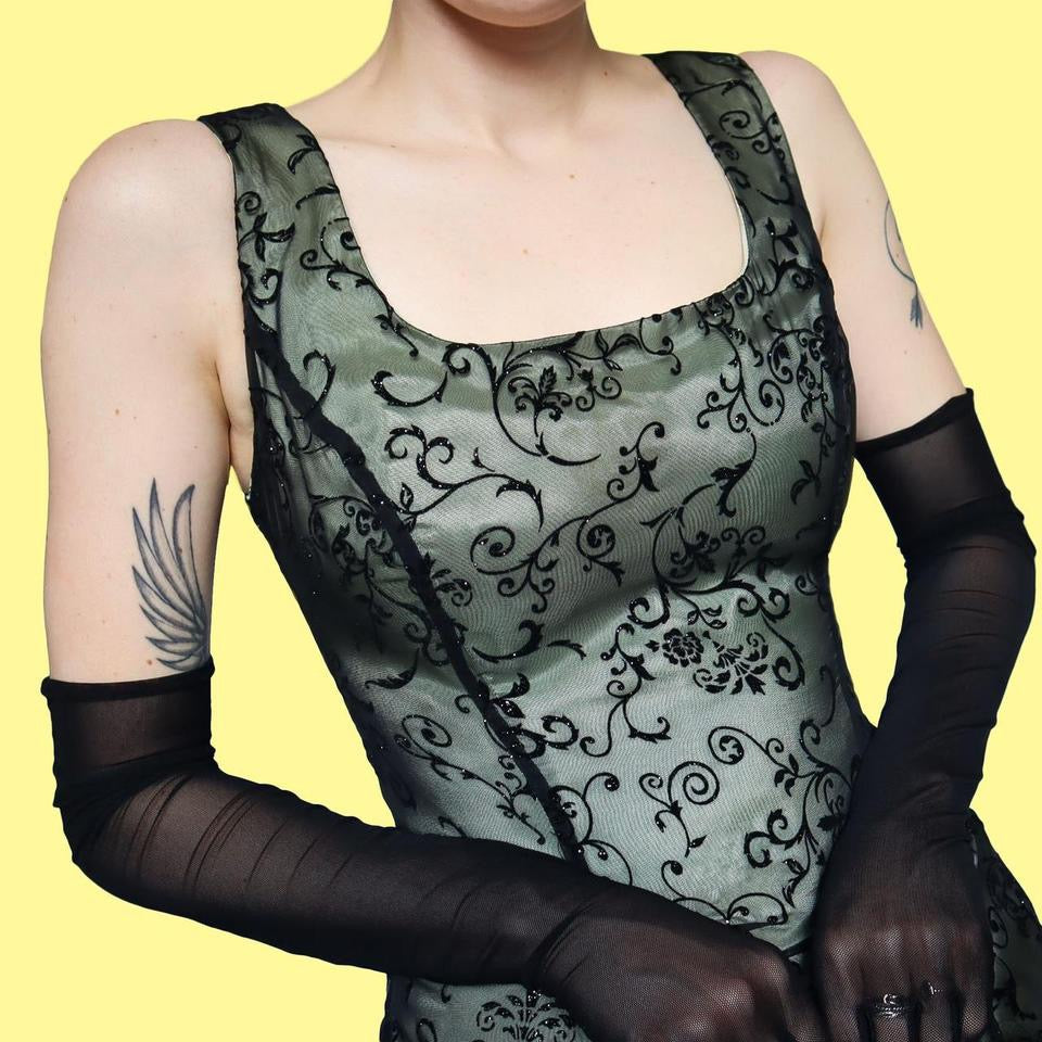 Green glittery floral a line evening dress UK 14