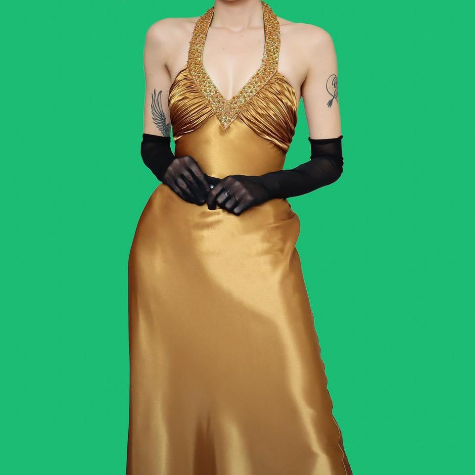 Gold satin halter neck evening dress UK 10