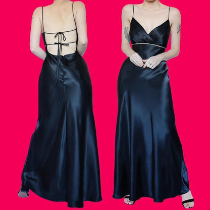 Black satin open back evening dress UK 12