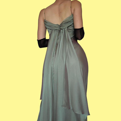 Subtle green evening dress with trail UK 10