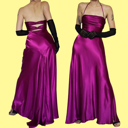 Purple satin halter neck evening dress UK 10
