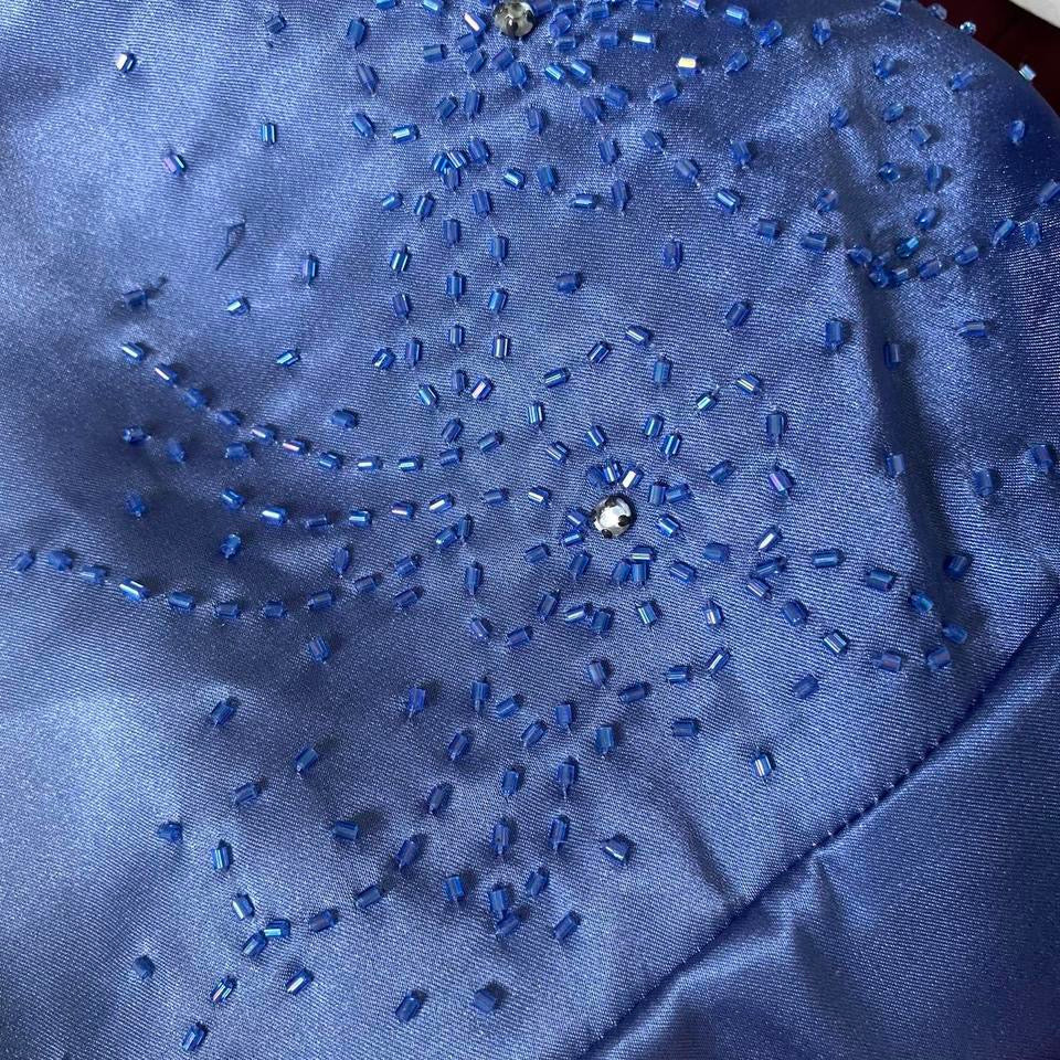 Blue satin beaded evening dress with shawl UK 12-14