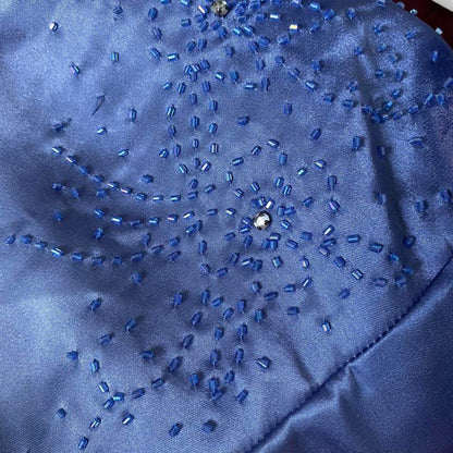 Blue satin beaded evening dress with shawl UK 12-14