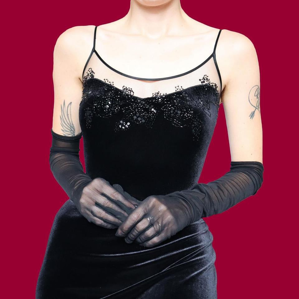 Black velvet petite evening dress UK 14