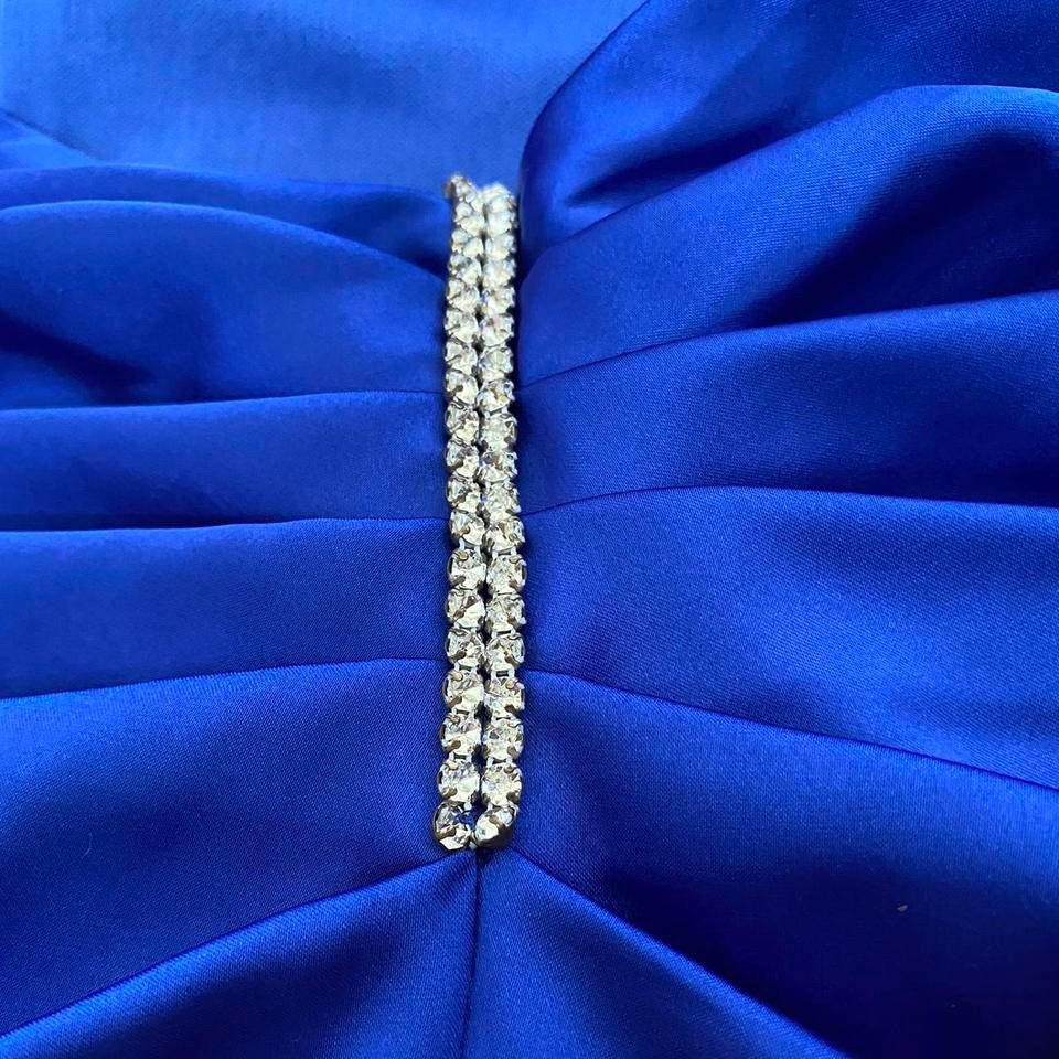Blue satin diamanté open back evening dress UK 14