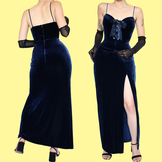 Blue velvet stretch evening dress UK 12-14