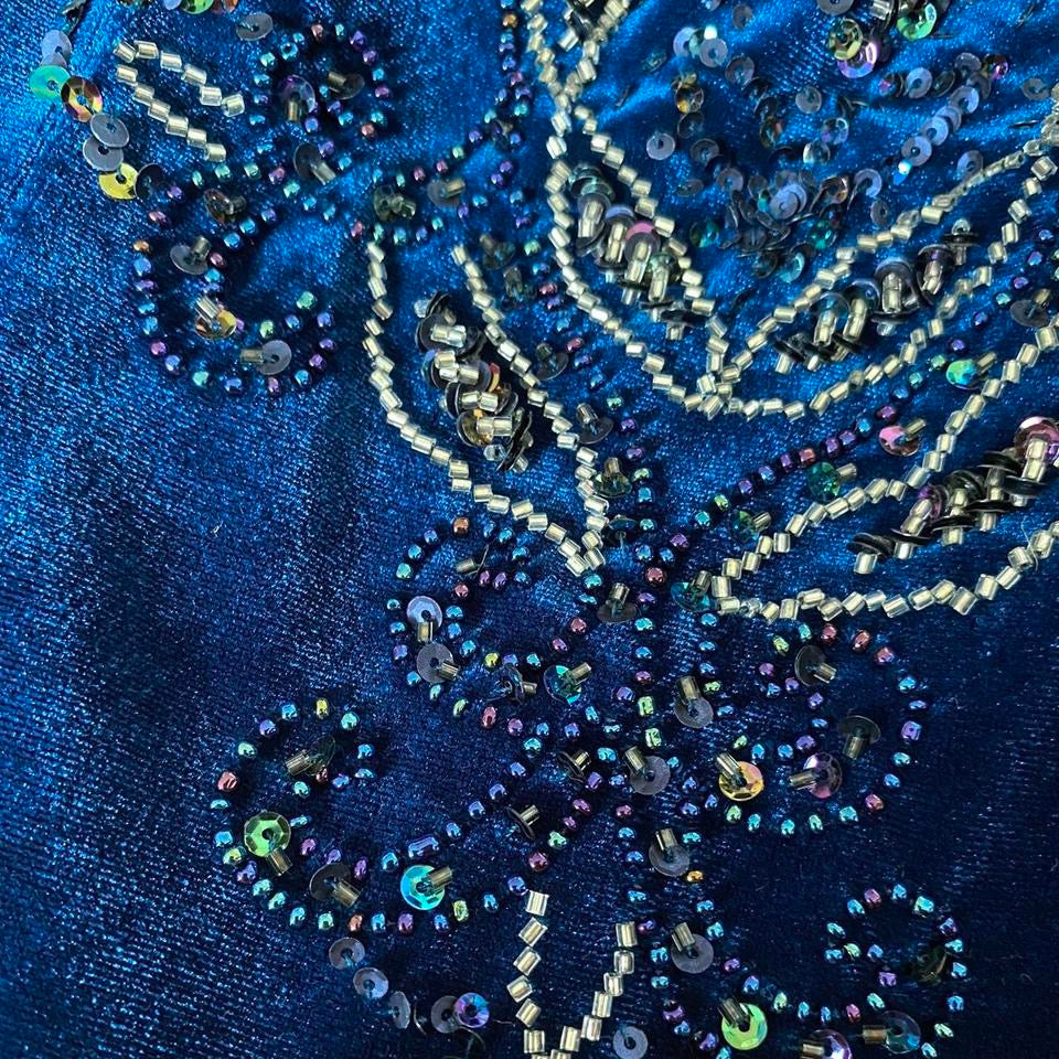 Blue velvet beaded evening dress UK 12