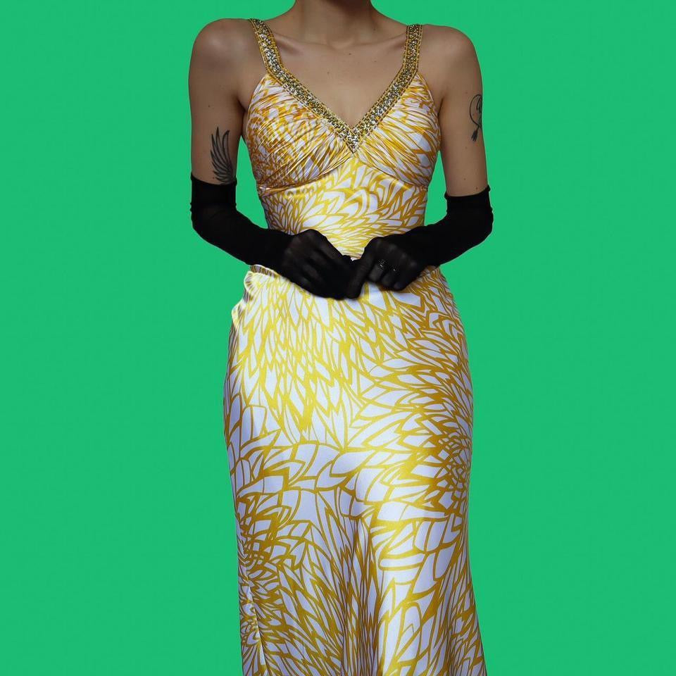 Silky yellow print evening dress UK 8