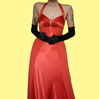 Orange satin halter neck evening dress UK 10
