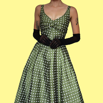 Green polka dot a line midi dress UK 12