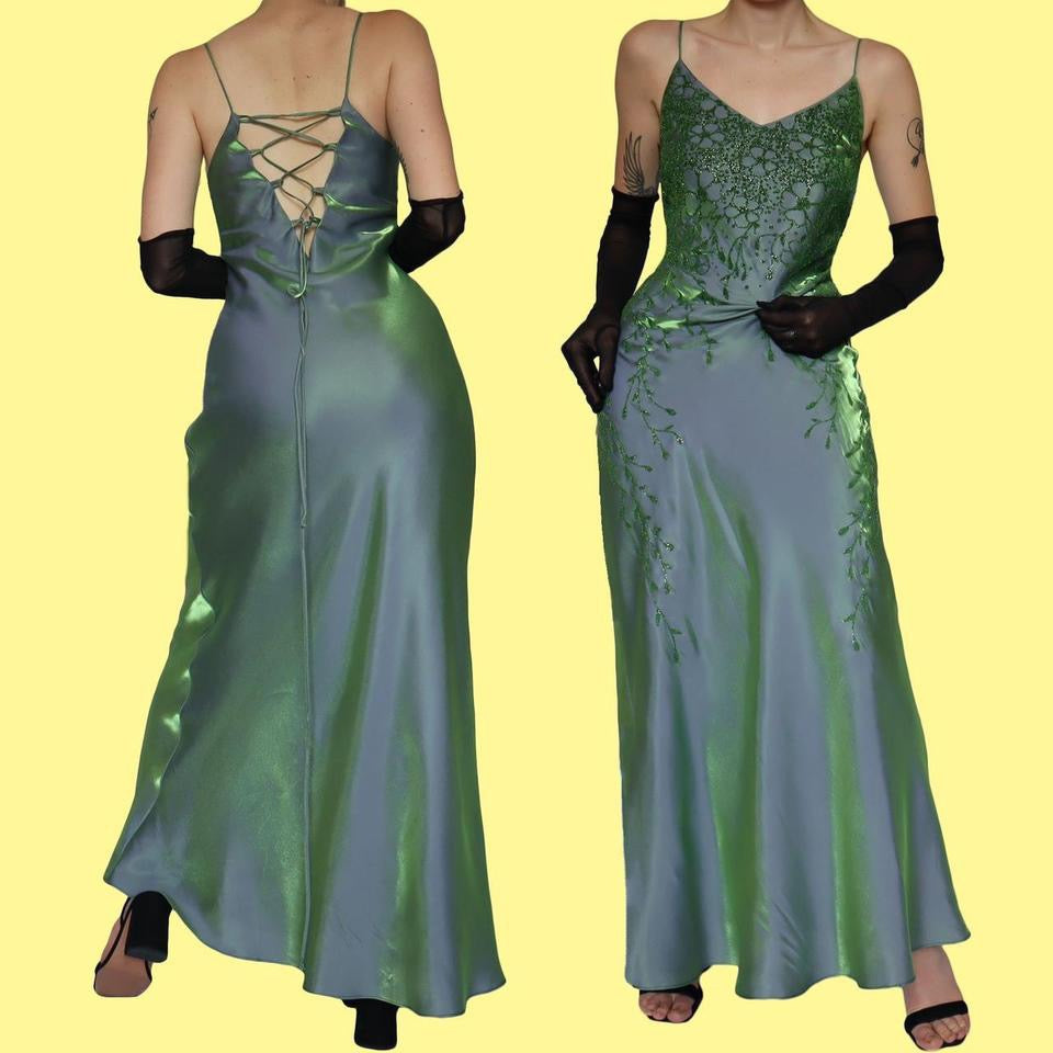 Green silky beaded evening dress UK 14