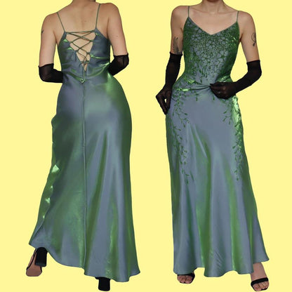 Green silky beaded evening dress UK 14