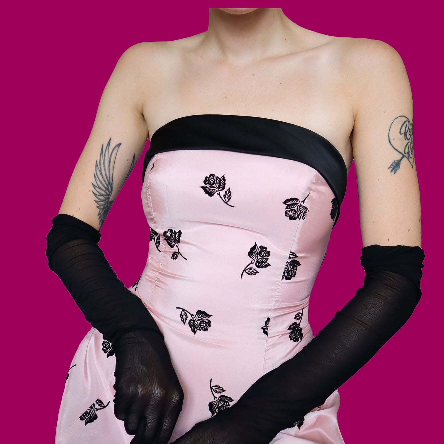 Baby pink Dave & Johnny floral strapless evening dress UK 12