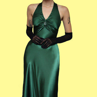 Green satin open back evening dress UK 10