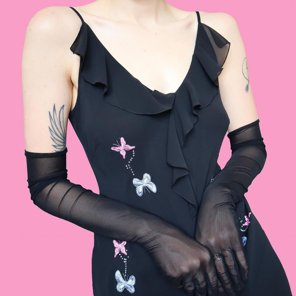 Black chiffon butterfly detail evening midi dress UK 12