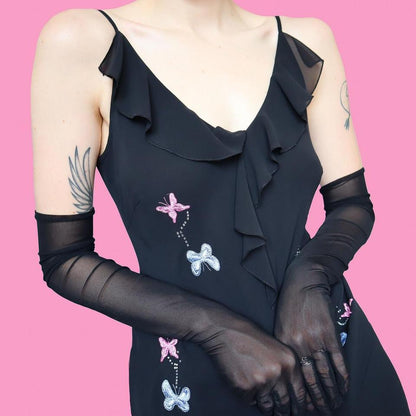 Black chiffon butterfly detail evening midi dress UK 12