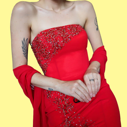 Red strapless YVE evening dress & shawl UK 12