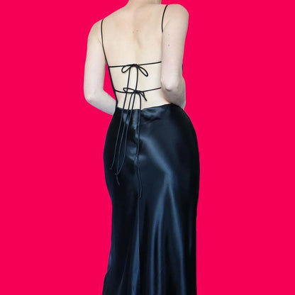 Black satin open back evening dress UK 12