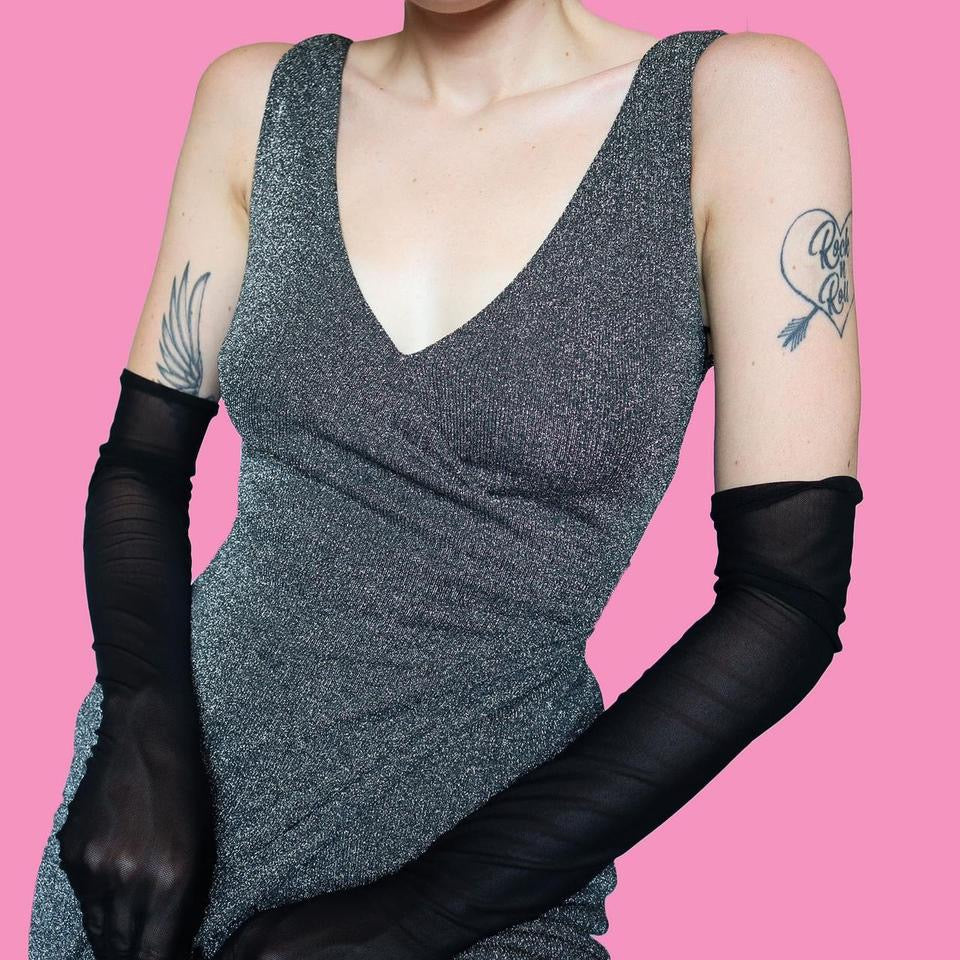 Silver Frank Usher stretch wrap evening dress UK 10-12