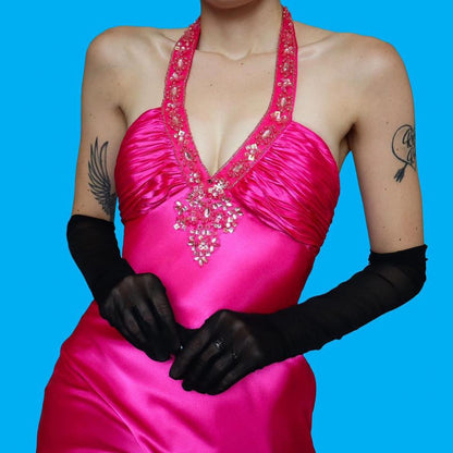 Bright pink satin halter-neck evening dress 12