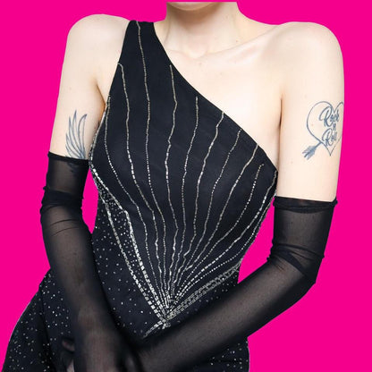 Black one shoulder beaded evening dress UK 12 & UK 16