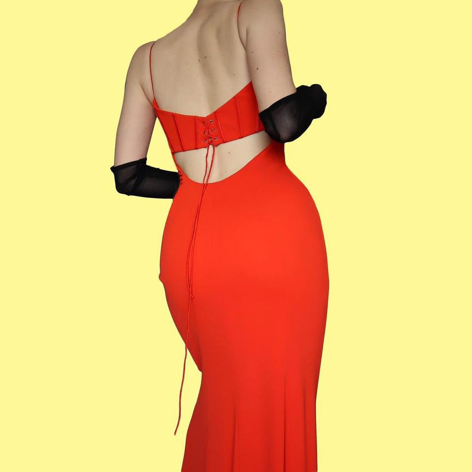 Orange stretch back detail evening dress UK 12