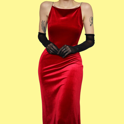 Red velvet open back evening dress UK 12