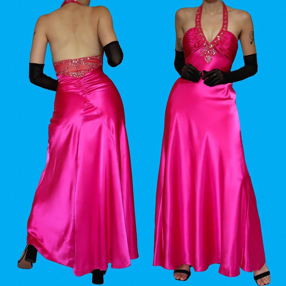 Bright pink satin halter-neck evening dress 12