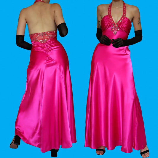 Bright pink satin halter-neck evening dress 12