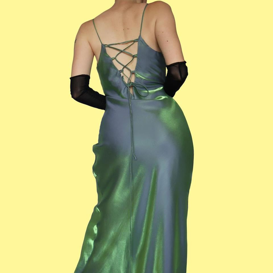 Green silky beaded evening dress UK 14