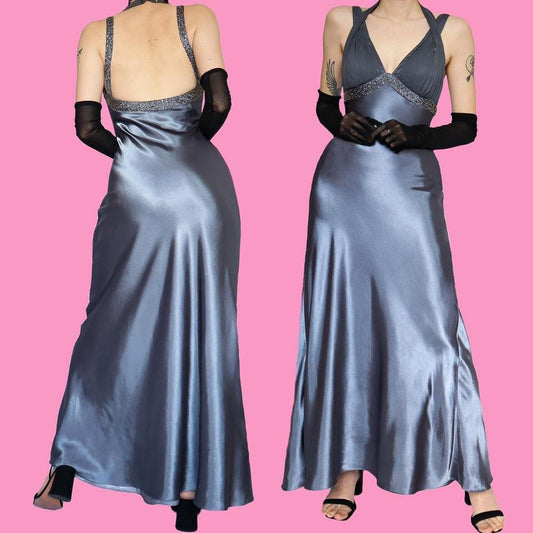 Silver beaded evening dress UK 10
