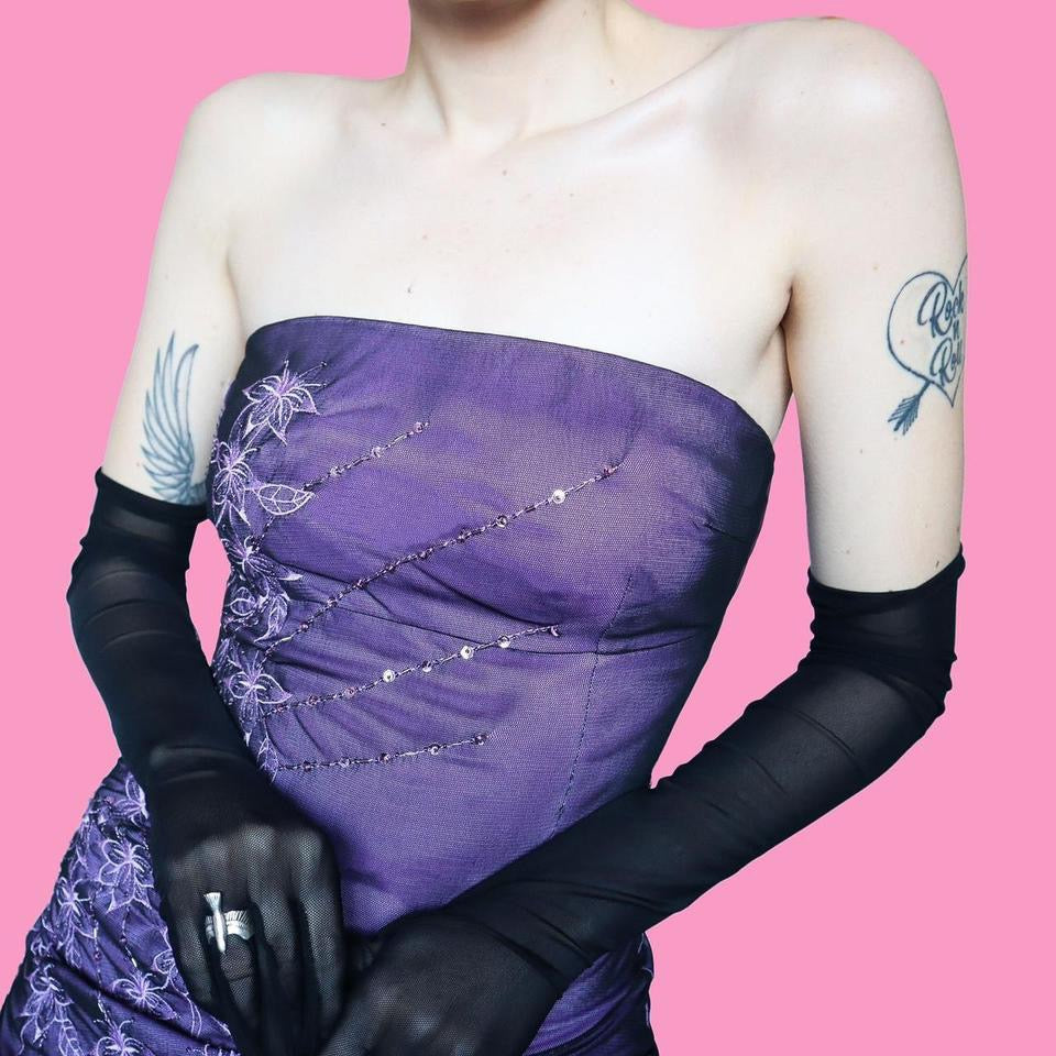 Purple stretch strapless evening dress UK 10