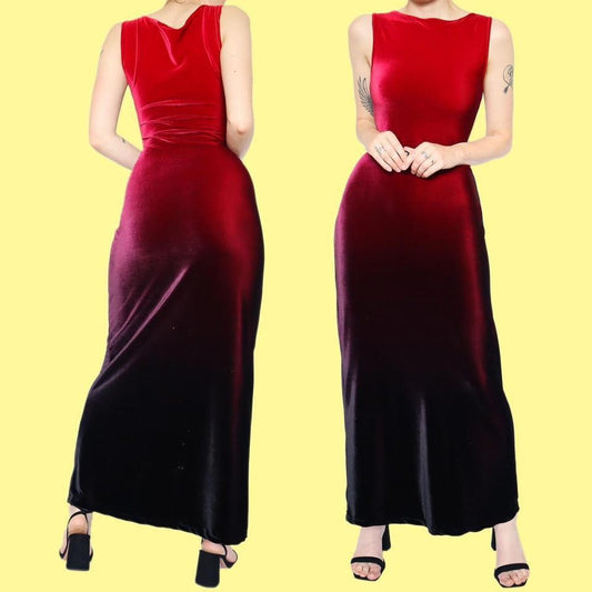 Red & black ombré velvet evening dress UK 12