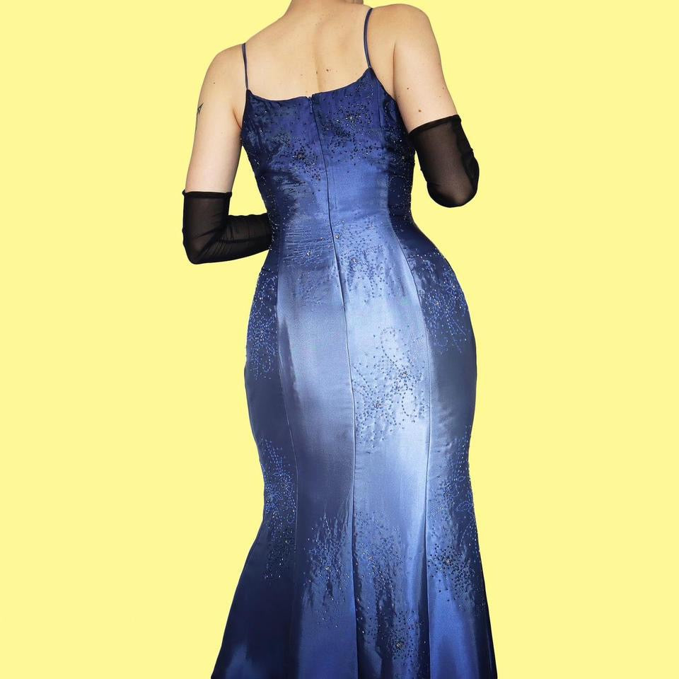 Blue satin beaded evening dress with shawl UK 12-14