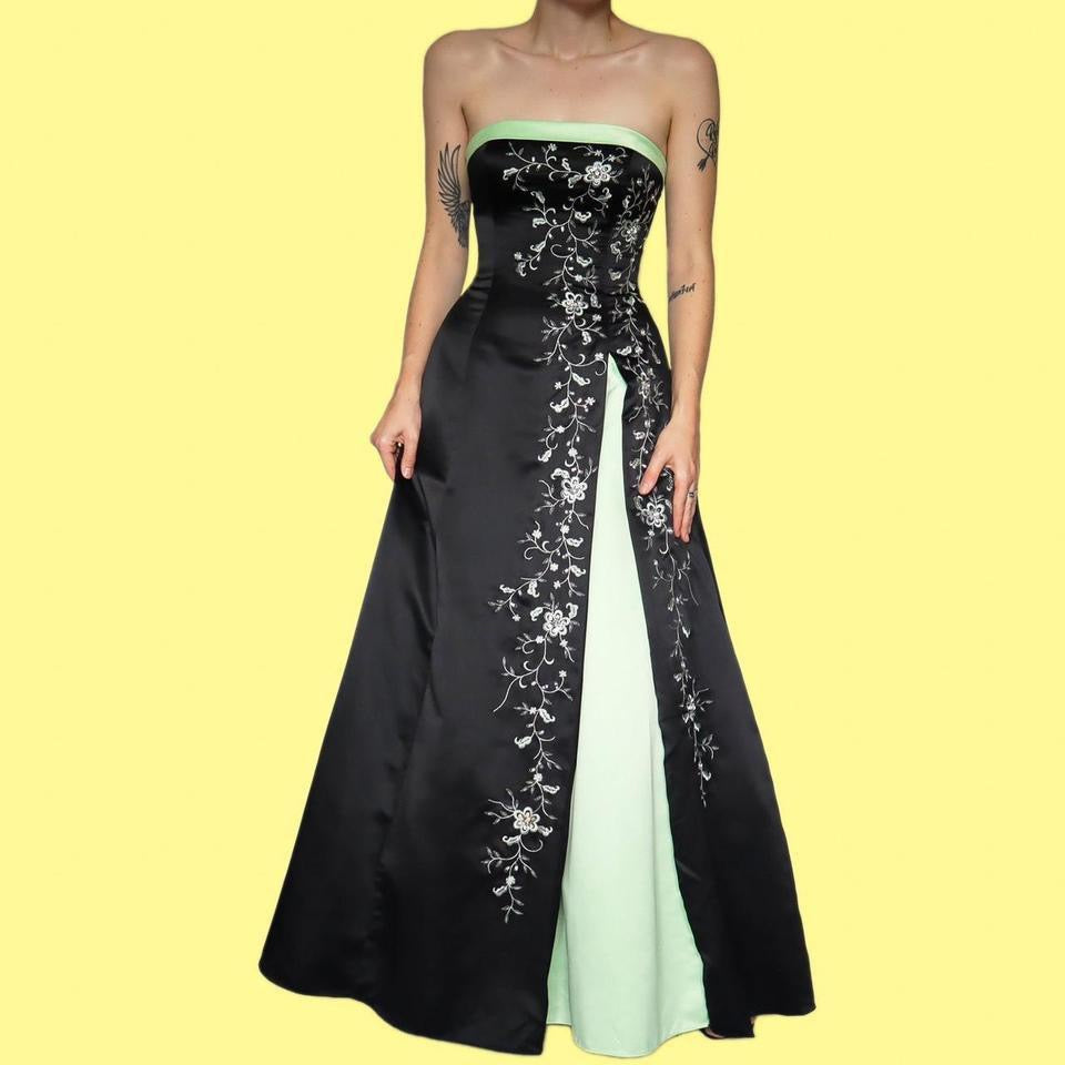 Black & green strapless a line evening dress UK 8
