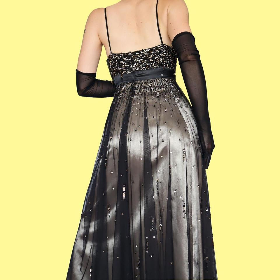 Black sequin flared dress & shawl UK 14