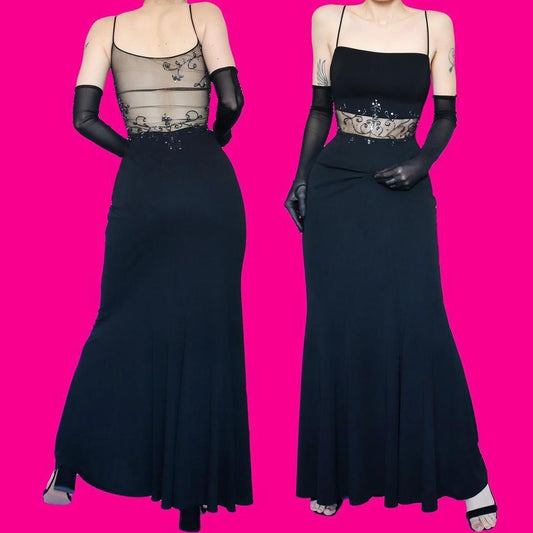 Black beaded sheer detail evening dress UK 14-16