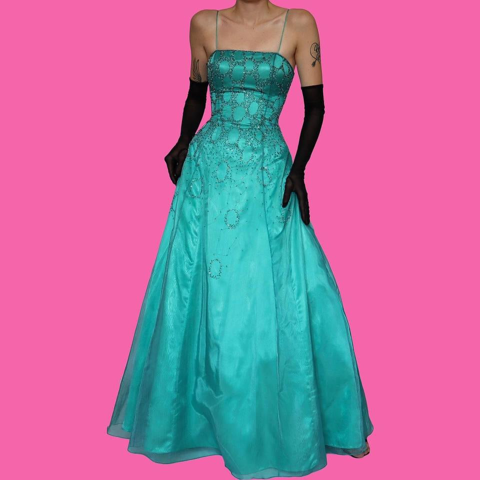 Sapphire beaded a-line dress with shawl UK 12