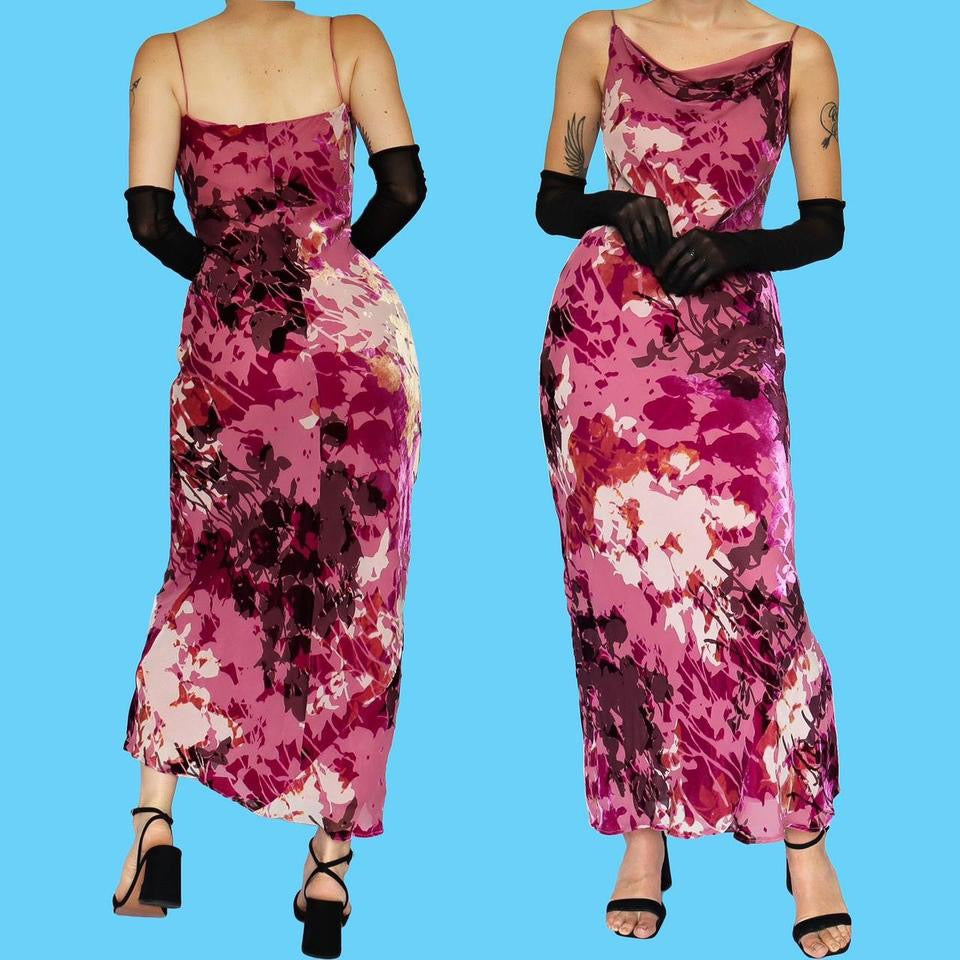 Pink devore velvet print slip dress with shawl UK 12